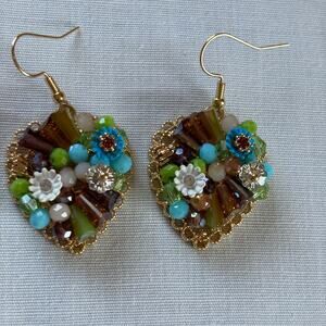 Flower Heart  Illusion Mosaic Drop Earrings Boho Cottagecore Fairy NWT Glam